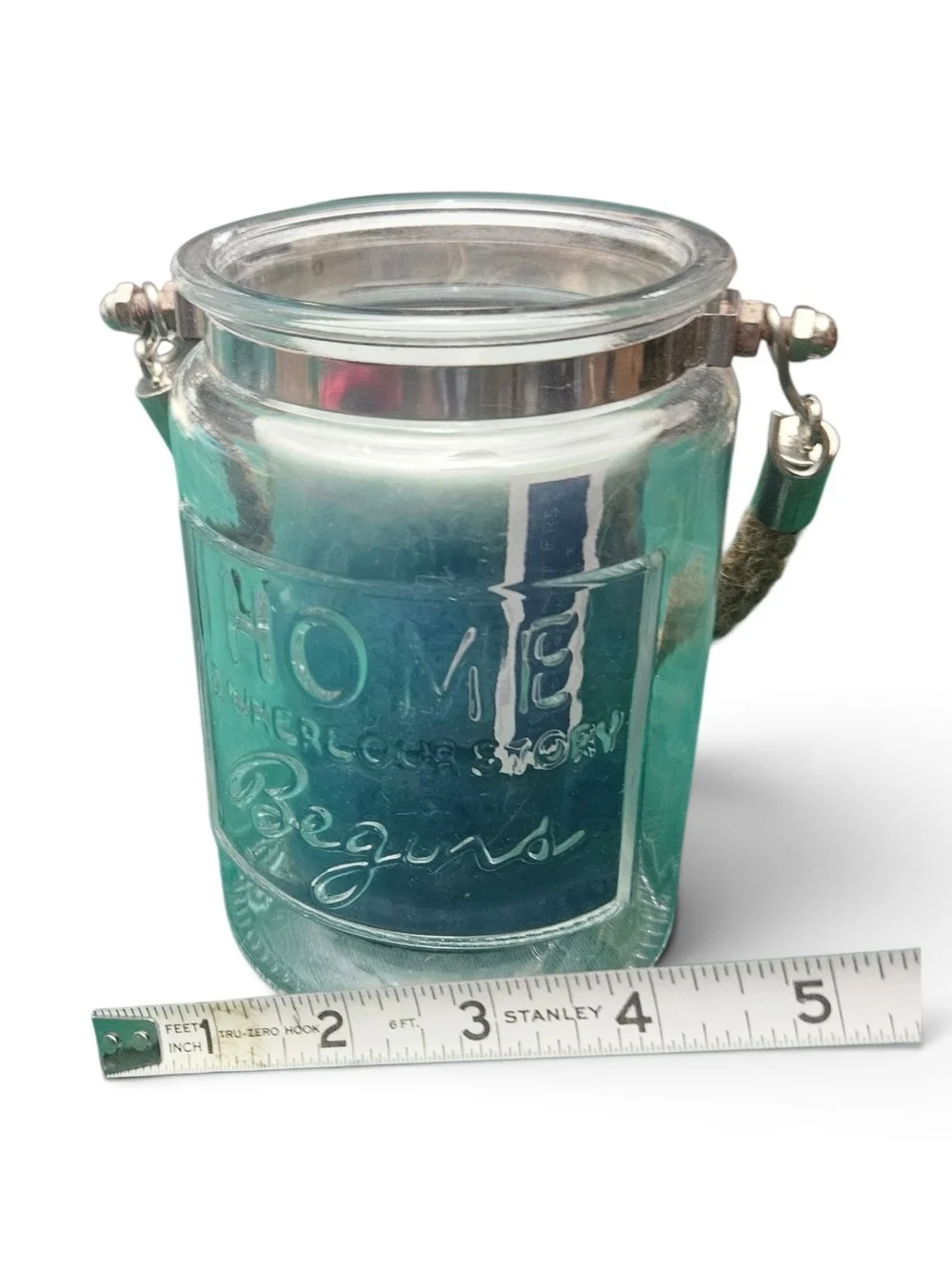 Coastal Aqua Glass Jar Candle Holder w/Tropical Waters Candle Jute Rope Handle